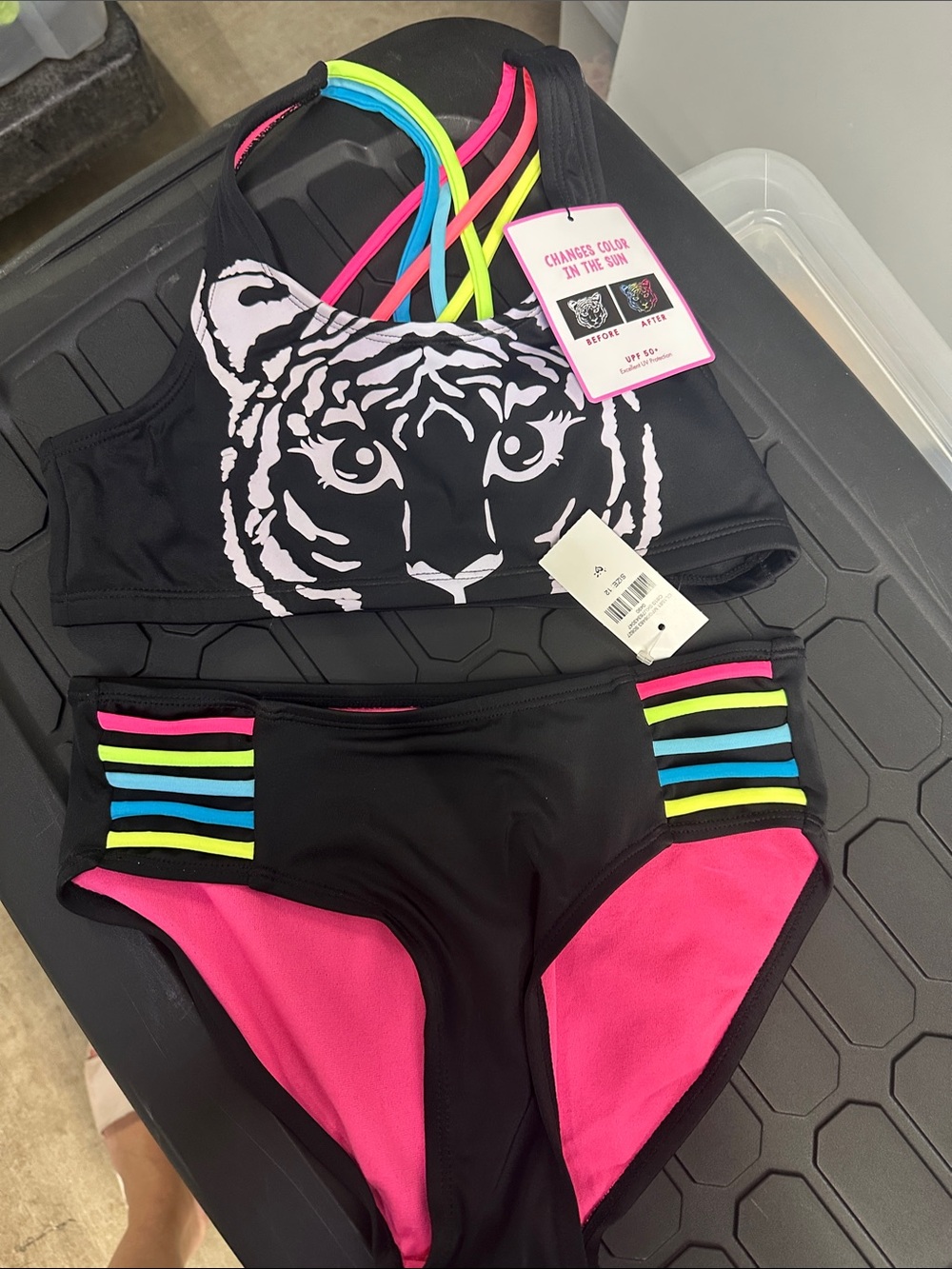 Justice Girls Black & Pink Tiger Print Bikini with Neon Straps
